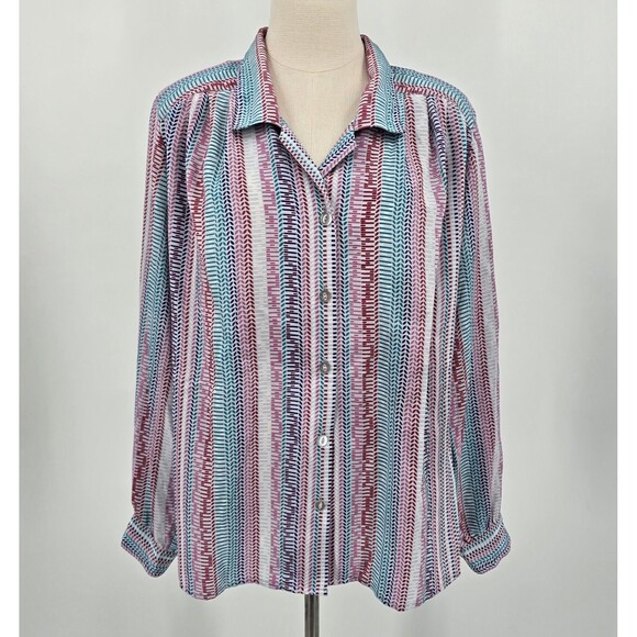 1980's Pykette Secretary Blouse Larger See Measurement Colorful Long Sleeve - Picture 2 of 6